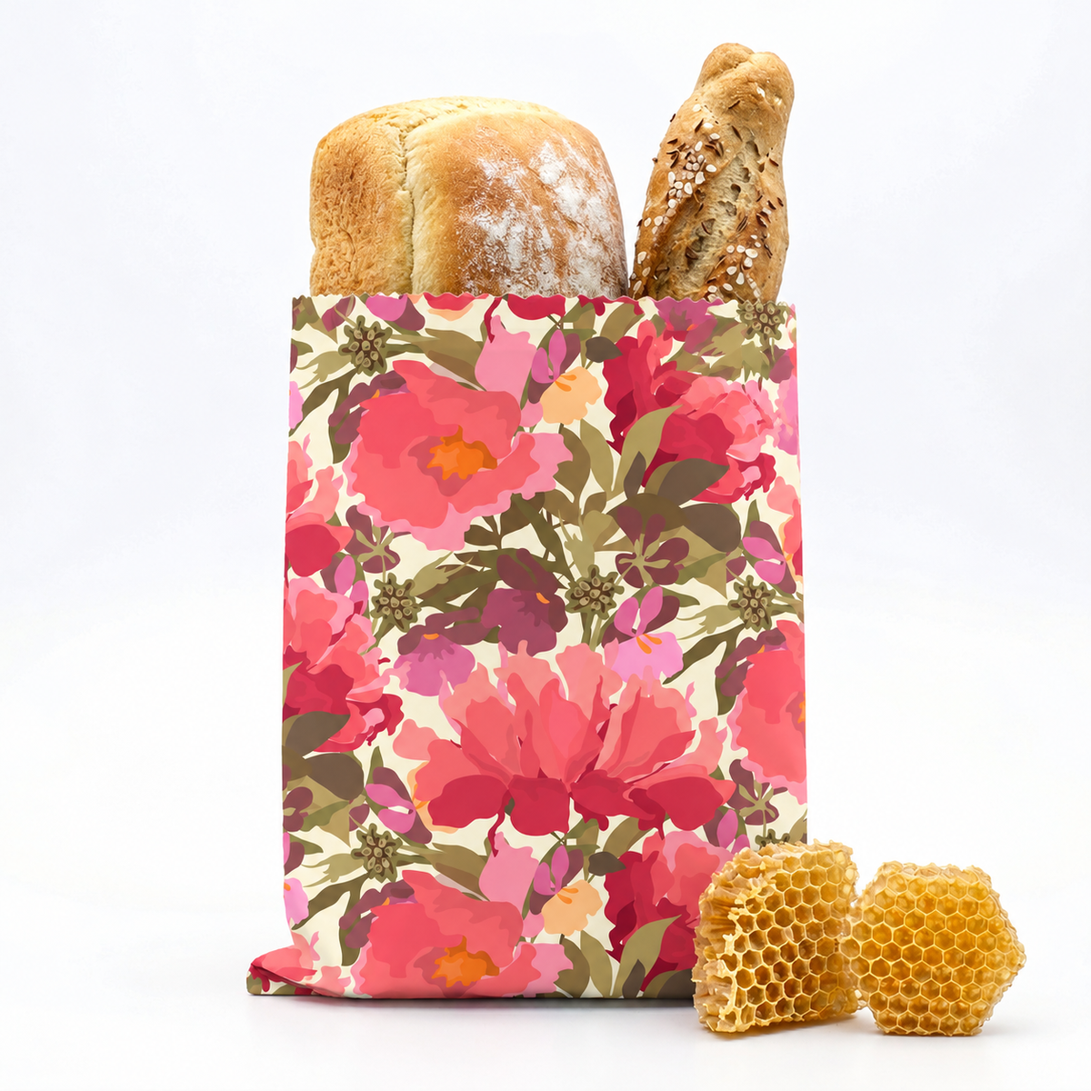 Spar-Set – XL Brotbeutel & 2 Bienenwachstuch-Rollen – Rosengarten & Blütenzauber
